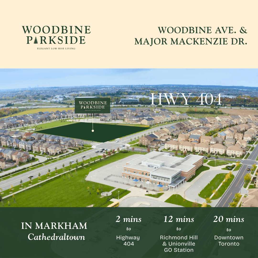 Aerial view — Woodbine Parkside at Woodbine Ave & Major Mackenzie, 2 min to Hwy 404