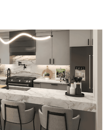 Modern kitchen with marble countertops and premium finishes at Woodbine Parkside