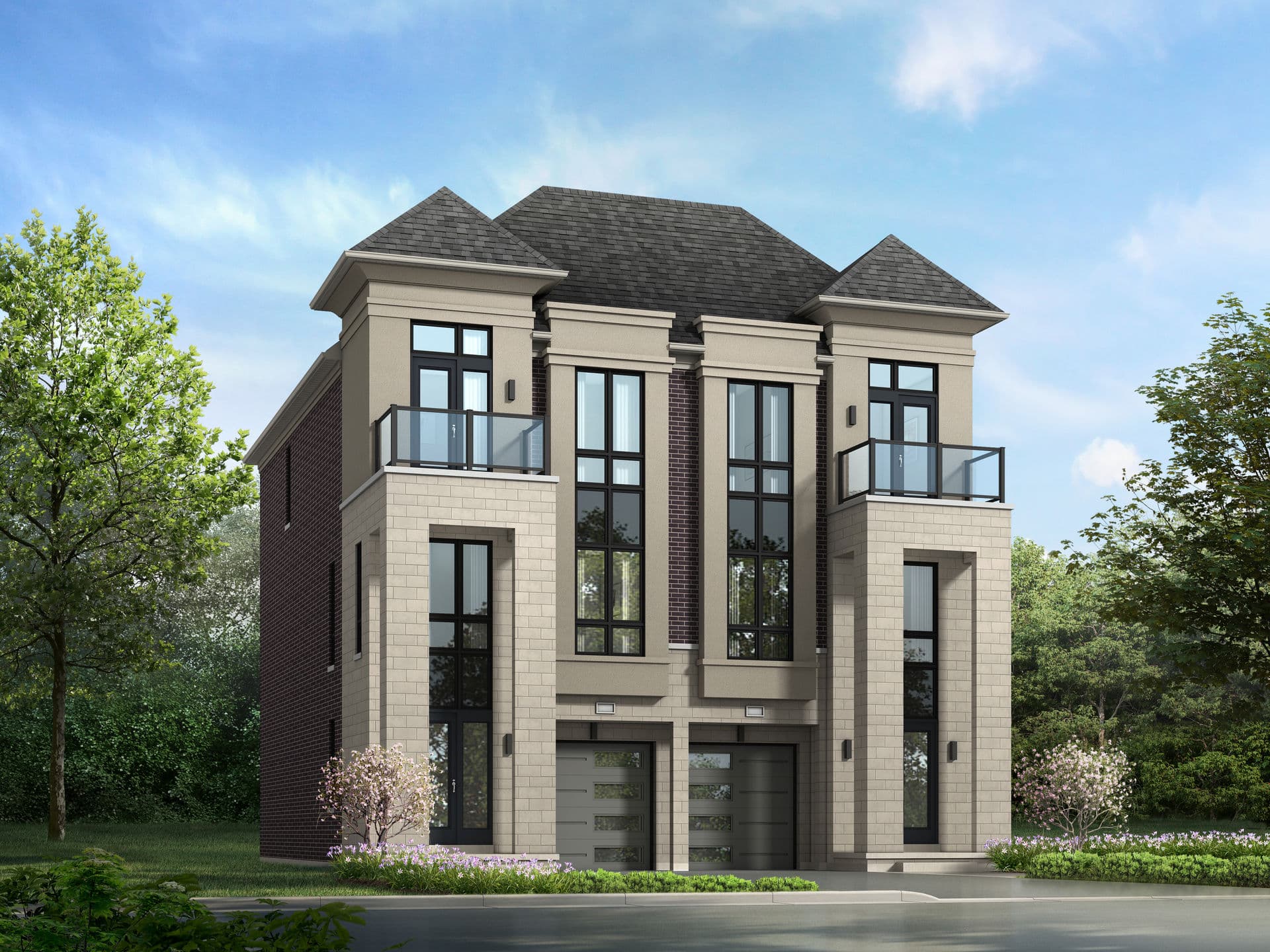 Semi-detached — 3-storey with double garage and columned portico